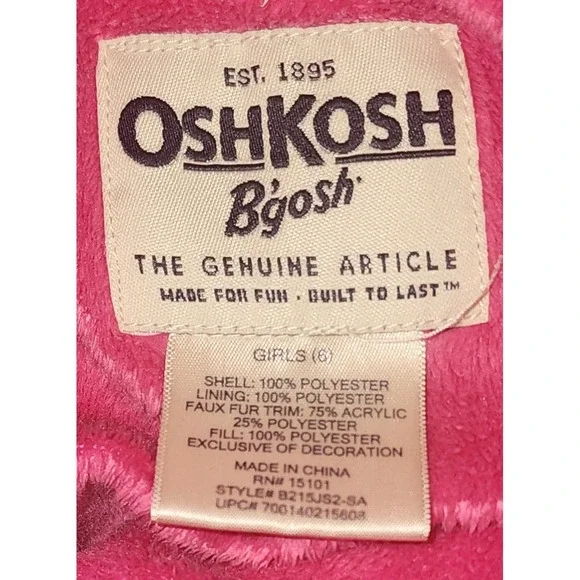 OshKosh B'gosh Girls Pink Puffer Jacket with Faux Fur Hood Size 6 - Picture 3 of 4